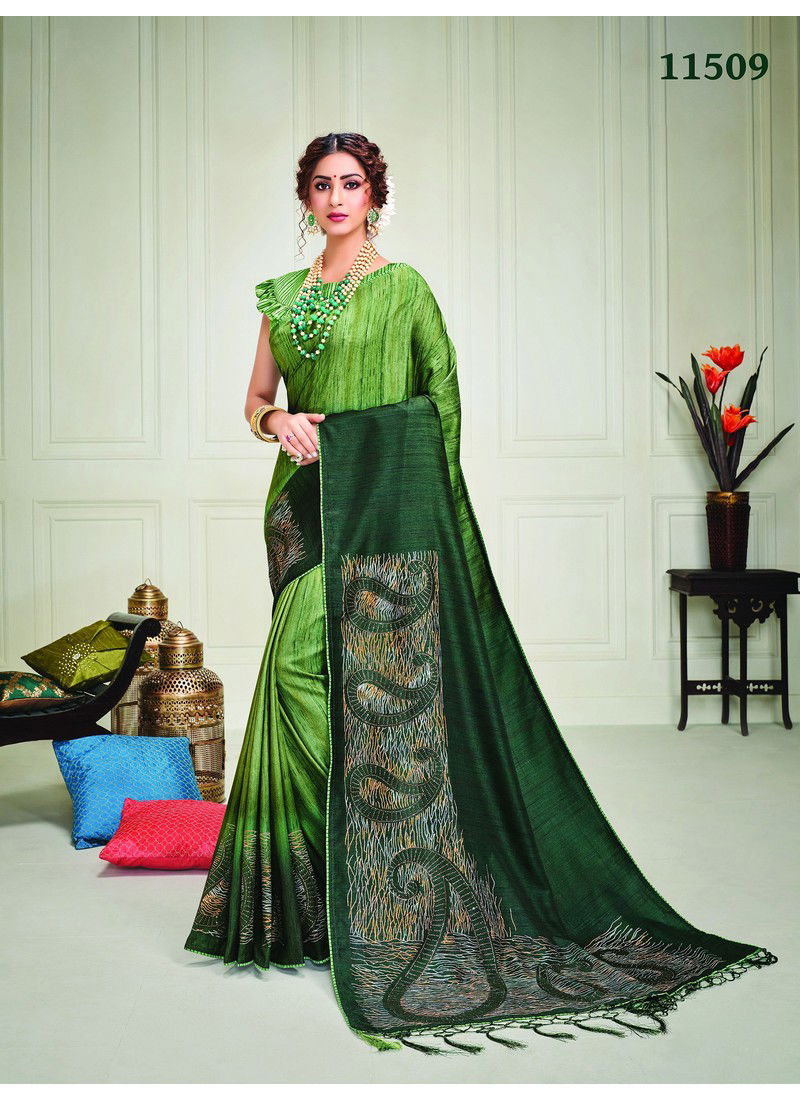 Green Musterd Metallic Value Addition Swarovski Work Crystals Party Wear Silk Saree 11509